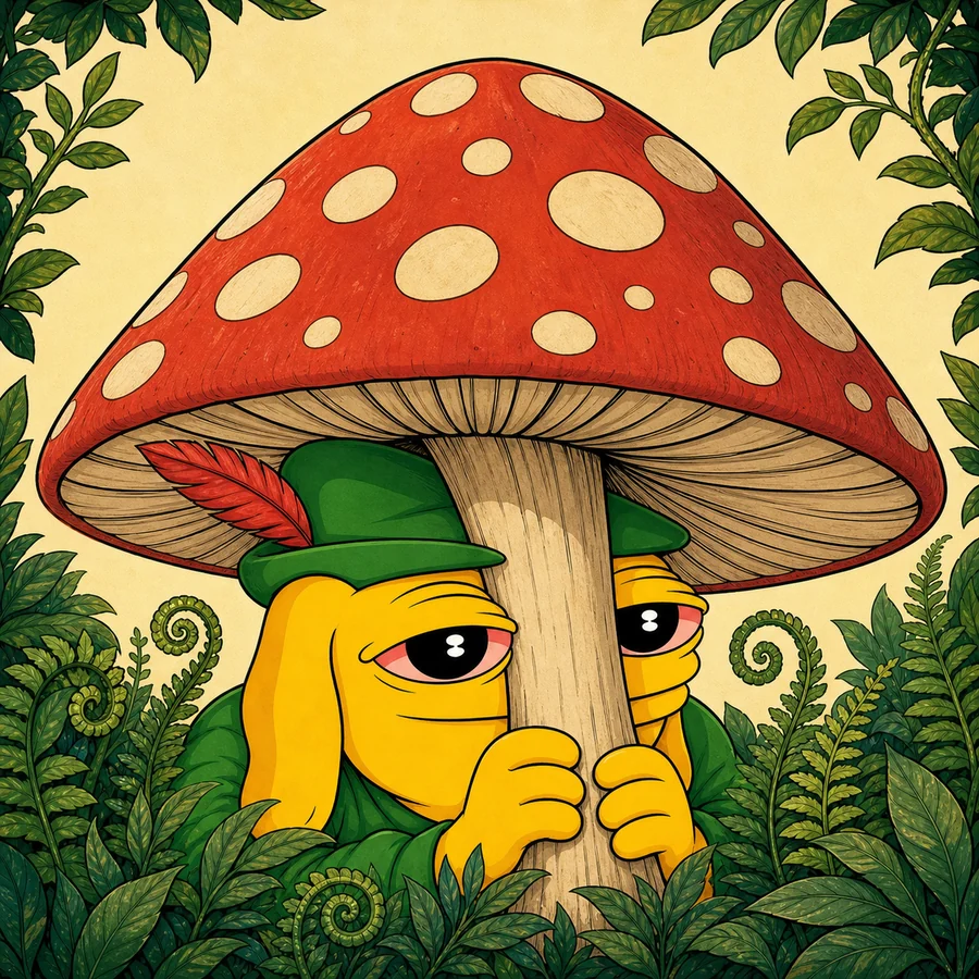 Andy peeking from behind a giant mushroom like an umbrella.
